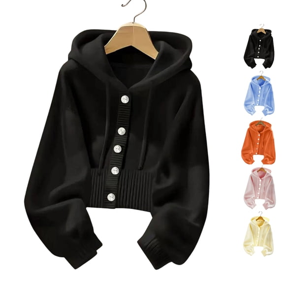 TGSLY Women's Drawstring Hooded Sweater Soft Button Down Puff Long Sleeve Cardigan Loose Dressy Casual Solid Color Fall Cropped Coat M