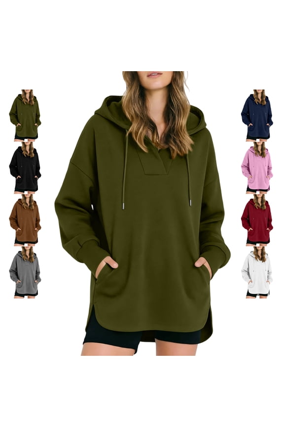 Women's Drawstring Hooded Sweatshirt Dressy V Neck Solid Color Fall Pullovers Oversized Casual Side Split Hem Long Sleeve Hoodies with Pockets M