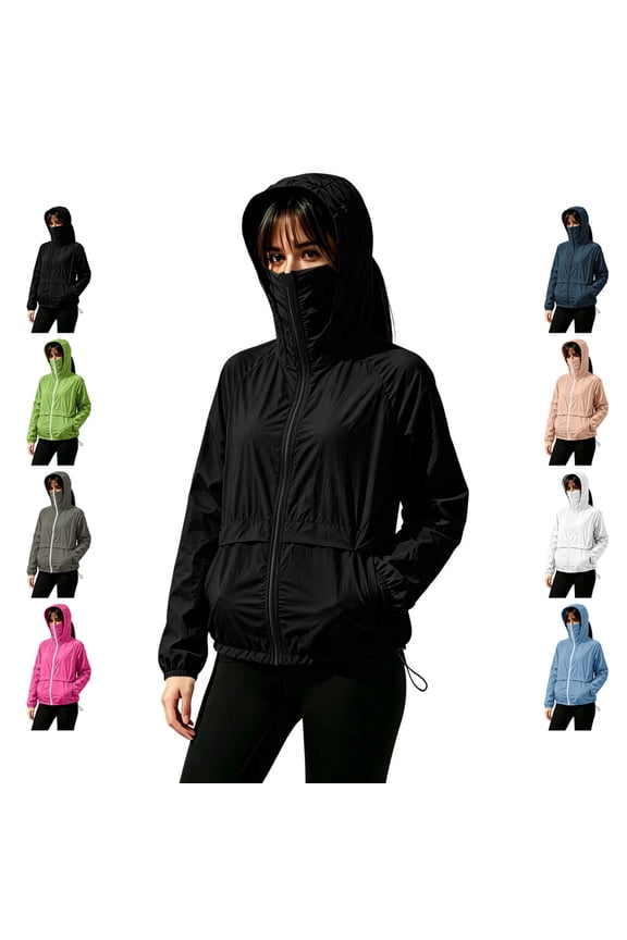 Women's Face Cover Raincoat Breathable Full Zip Long Sleeve Hiking Hooded Jacket Casual Back Ventilated Solid Color Coat with Pockets S
