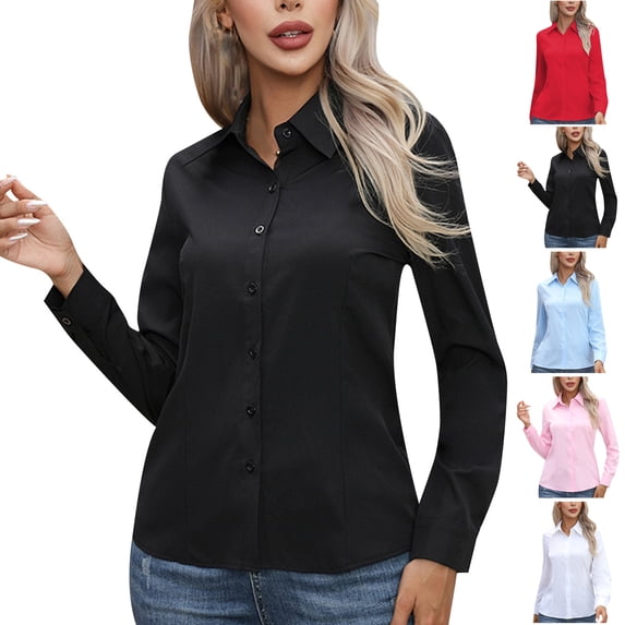 TGSLY Women's Fall Button Down Shirts Lightweight Soft Collared Solid Color Office Blouses Relaxed Dressy Casual Long Sleeve Work Shirts XXXXL