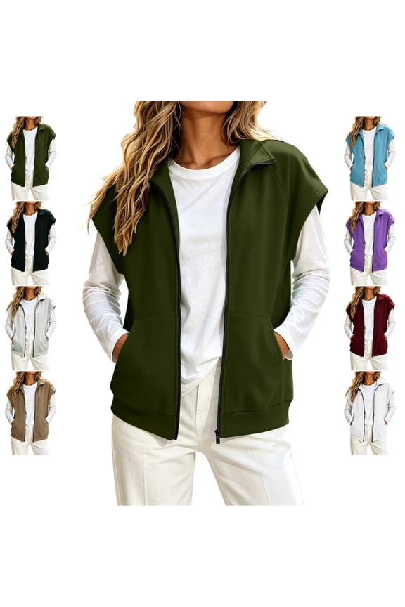 Women's Fall Cap Sleeve Sweatshirt Lightweight Collared Full Zip Loungewear Jacket Loose Casual Solid Color Cardigan Coat with Pockets S