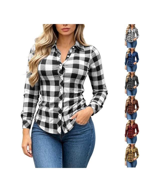 Women's Fall Checkered Shirts Lightweight Soft Collared Button Down Blouses Relaxed Dressy Casual Curved Hem Long Sleeve Tops L