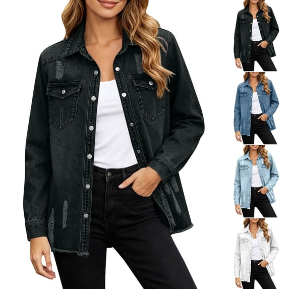 TGSLY Women's Fall Denim Jacket Lightweight Collared Snap Button Down Long Sleeve Jean Coat Relaxed Casual Solid Color Frayed Hem Outerwear XL