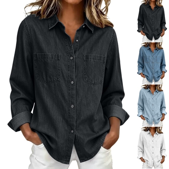 TGSLY Women's Fall Denim Shirts Lightweight Soft Collared Button Down Tops Relaxed Dressy Casual Solid Color Long Sleeve Blouses with Chest Pockets S