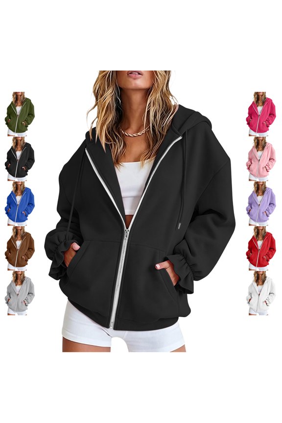 Women's Fall Drawstring Hooded Sweatshirts Lightweight Zip Up Long Sleeve Hoodies with Ruffle Cuffs Loose Solid Color Jacket with Pockets M