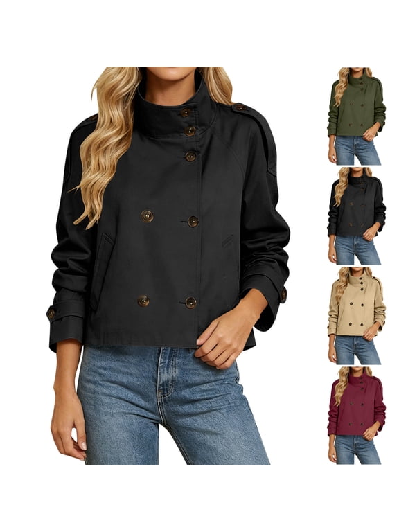 Women's Fall High Collar Trench Coat Lightweight Double Breasted Short Jacket with Pockets Casual Solid Color Tab Cuff Long Sleeve Coat with Belt S