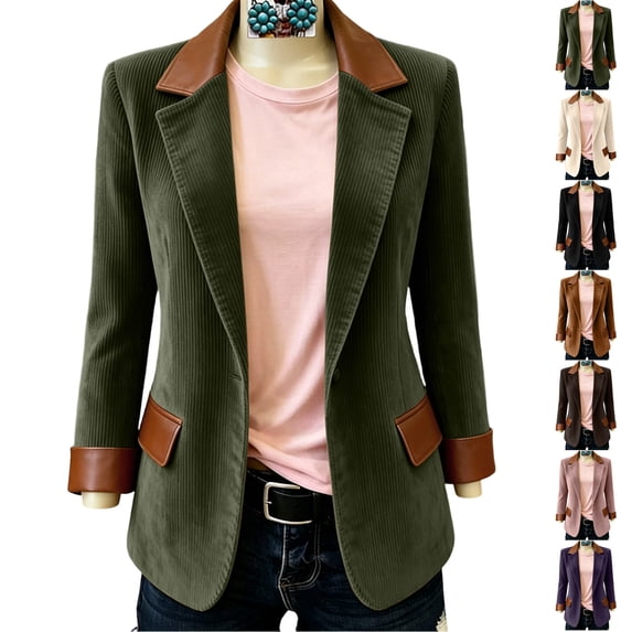 TGSLY Women's Faux Leather Trim Corduroy Blazer Lightweight Notched Lapel Long Sleeve Jacket Dressy Casual Single Breasted Button Solid Color Suit Coat with Pockets XXXL