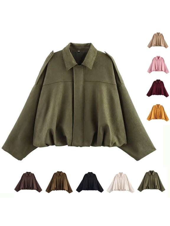 Women's Faux Suede Bomber Jacket Casual Zip Up Long Sleeve Lapel Coat Oversized Pleated Solid Color Cropped Hem Silhouette Jackets XL
