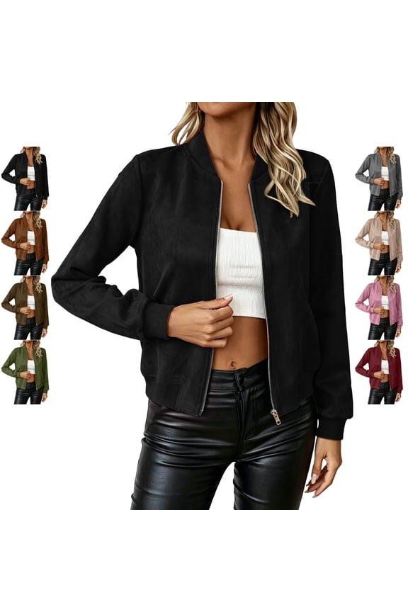 Women's Faux Suede Bomber Jackets Lightweight Zip Up Long Sleeve Cropped Coat Loose Casual Solid Color Outerwear with with Pockets XXXL