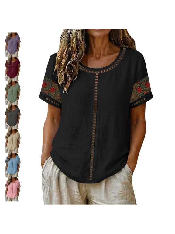 Women's Floral Embroidery Tops Lightweigh Thin Casual Lace Trim Crew Neck Short Sleeve Blouses Relaxed Fit Dresy Solid Color Summer Tshirts XXL