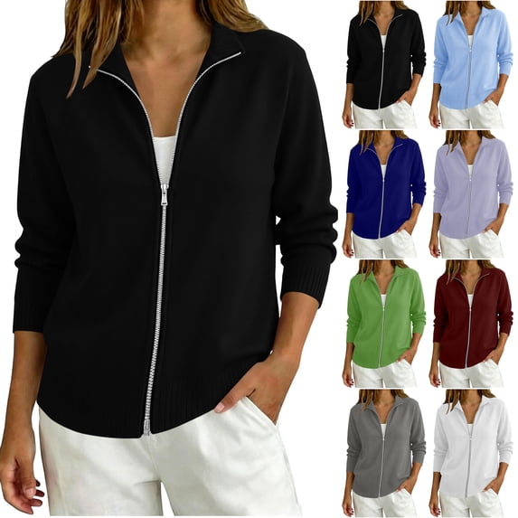 TGSLY Women's Full Zip Knit Sweater Lightweight Long Sleeve Solid Color Cardigan Coat Relaxed Casual Fall Winter Jacket with Pockets S