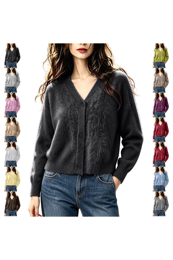 Women's Fuzzy Sweaters Coat Lightweight Soft V Neck Button Down Long Sleeve Knit Cropped Cardigan Loose Casual Solid Color Fall Winter Sweaters S