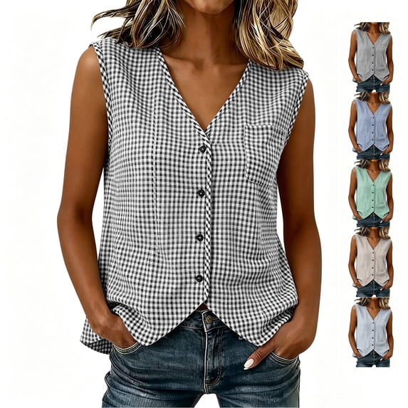 TGSLY Women's Gingham Check Button Down Tank Tops Breathable Crinkled V Neck Sleeveless Shirts with Chest Pocket Dressy Casual Pointed Hem Gingham Vest XXL
