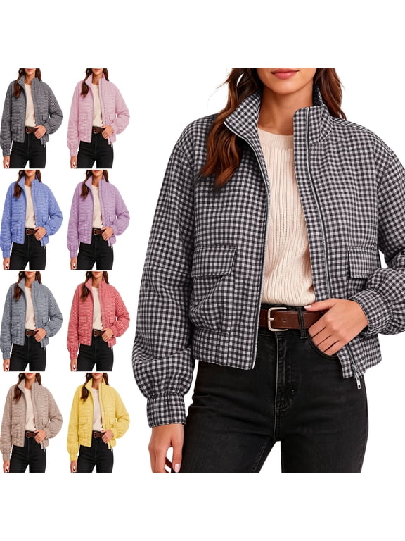 Women's Gingham Cropped Jacket Lightweight Zip Up Stand Collar Outerwear Loose Casual Long Sleeve Fall Winter Coat with Pockets S