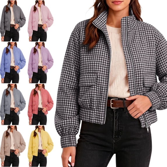 TGSLY Women's Gingham Cropped Jacket Lightweight Zip Up Stand Collar Outerwear Loose Casual Long Sleeve Fall Winter Coat with Pockets XXL