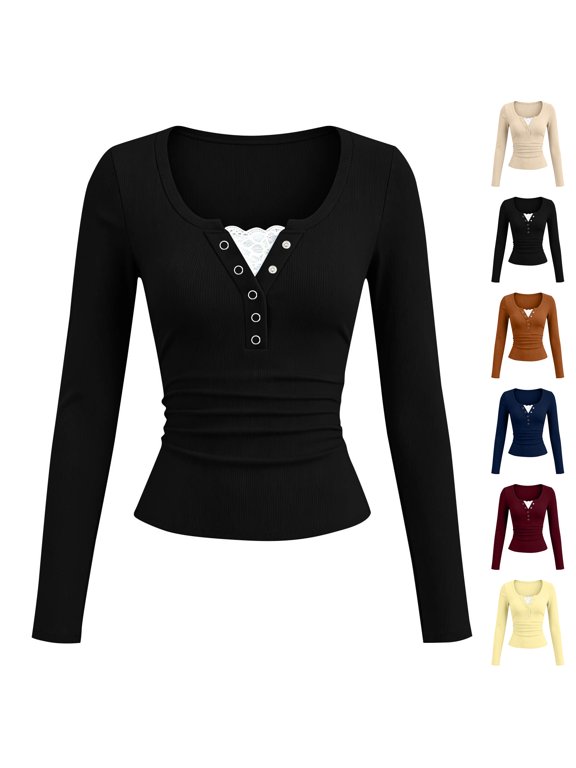 Women's Half Snap Button Down Ribbed Tops Soft Lace Decoration Henley Neck Solid Color Blouses Dressy Casual Long Sleeve Fitted Basic Shirts S