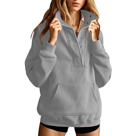 TGSLY Women's Half Snap Button Down Sweatshirt Lightweight Stand Collar Long Sleeve Athletic Tops Relaxed Casual Solid Color Fall Pullover with Pocket XXL