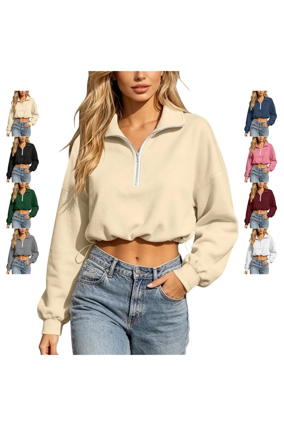 Women's Half Zip Sweatshirts Casual Drop Shoulder Long Sleeve Cropped Pullovers Loose Adjustable Drawstring Hem Solid Color Coat XXL