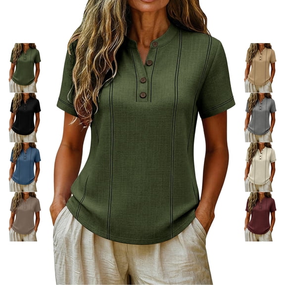 TGSLY Women's Henley Shirts Half Lightweight Button Down Solid Color Golf Tee Tops Dressy Short Sleeve Blouses with Contrast Stitch Trim XXL