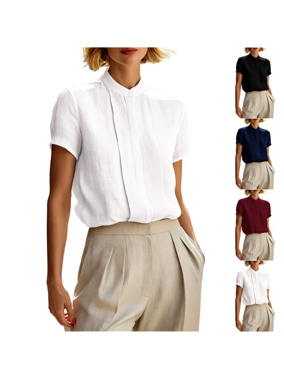 Women's Hidden Buttons Placket Tops Lightweight Soft Stand Collar Short Sleeve Blouses Loose Fit Dressy Casual Solid Color Business Shirts S