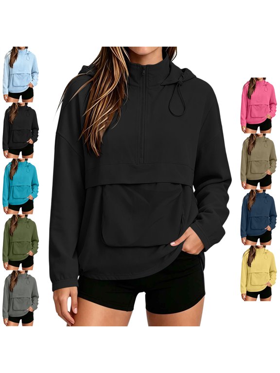Women's Hooded Anorak Jacket Lightweight Half Zip Long Sleeve Drawstring Windbreaker Pullover Relaxed Casual Solid Color Tops with Kangaroo Pocket S
