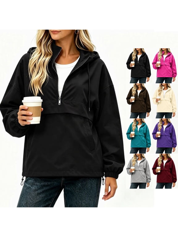 Women's Hooded Anorak Jacket Lightweight Half Zip Long Sleeve Windbreaker Tops Loose Casual Solid Color Waterproof Pullovers with Detachable Hood L