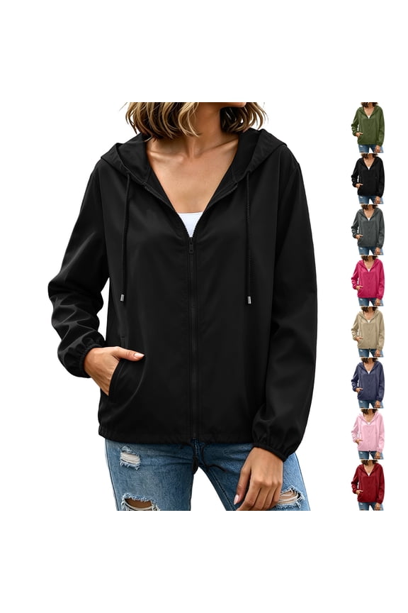 Women's Hooded Rain Jacket Lightweight Full-Zip Long Sleeve Coats with Elastic Cuffs Loose Fit Adjustable Drawstring Hem Solid Color Raincoats with Pockets XL