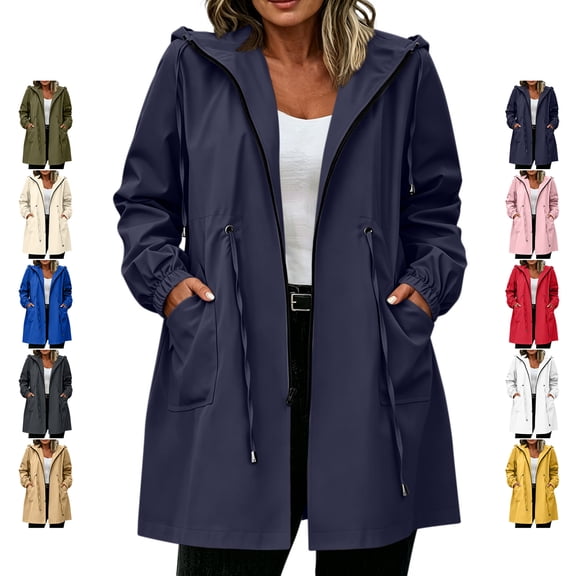 TGSLY Women's Hooded Rain Jacket Zip Up Long Sleeve Waterproof Jackets with Elastic Cuffs Adjustable Drawstring Waist Solid Color Long Raincoat with Pockets L