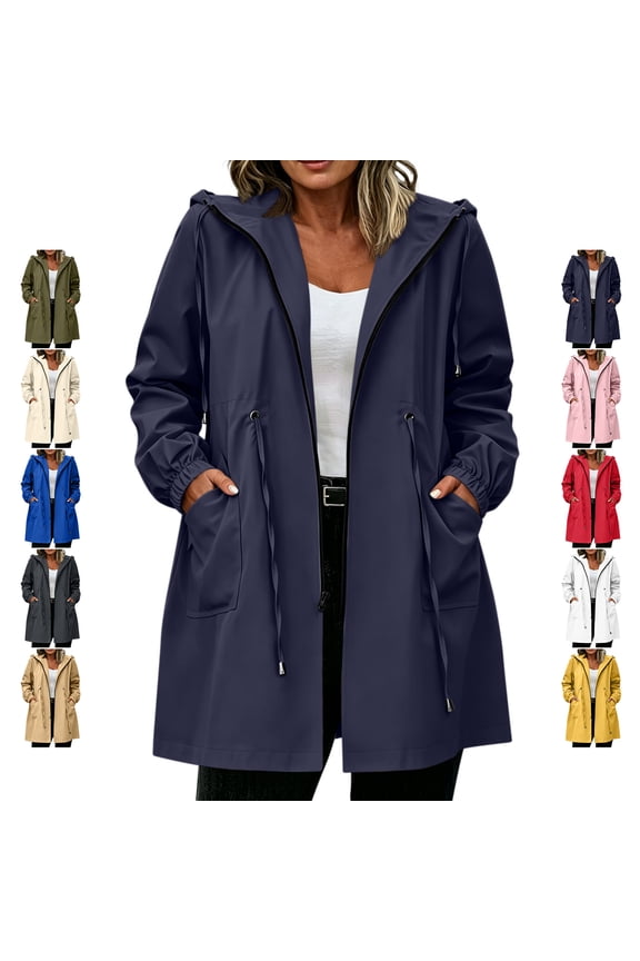 Women's Hooded Rain Jacket Zip Up Long Sleeve Waterproof Jackets with Elastic Cuffs Adjustable Drawstring Waist Solid Color Long Raincoat with Pockets L