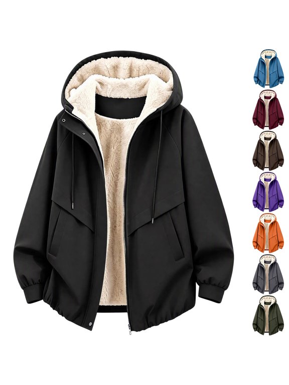 Women's Hooded Softshell Jacket Lightweight Zip Up Long Sleeve Fleece Lined Coat Loose Casual Solid Color Fall Winter Drawstring Hoodies S