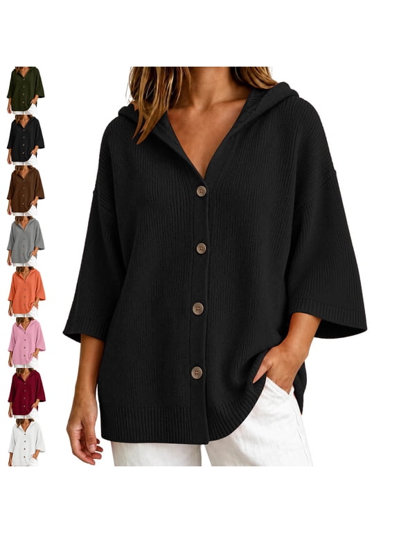 Women's Hooded Sweater Coat Lightweight Soft Button Down 3/4 Dolman Sleeve Cardigan Jacket Loose Casual Solid Color Fall Winter Outerwear XXL