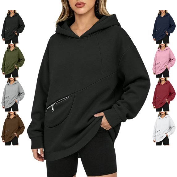 TGSLY Women's Hooded Sweatshirt Lightweight Long Sleeve Fall Pullover Relaxed Casual Solid Color Athletic Tunic Tops with Zipper Pocket XXL