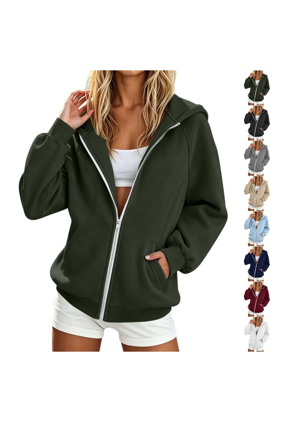 Women's Hooded Sweatshirt Soft Full Zip Solid Color Coat Loose Casual Ribbed Hem Long Raglan Sleeve Fall Jacket with Pockets M