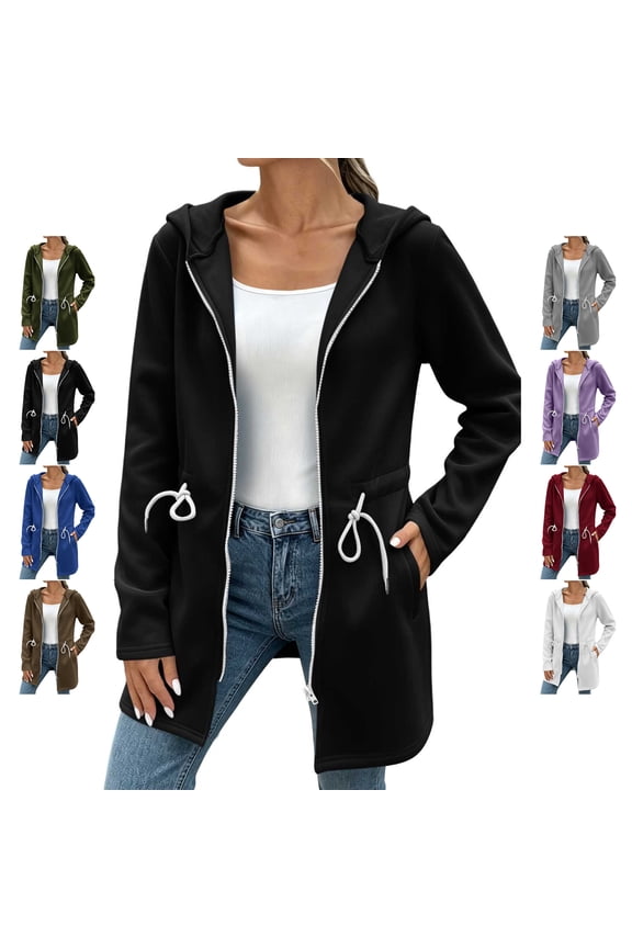 Women's Hooded Sweatshirts Dressy Casual Zip-Up Solid Color Coat Relaxed Fit Adjustable Drawstring Cinched Waist Long Sleeve Jacket with Pockets S