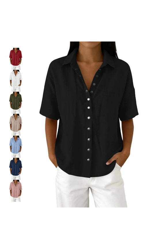 Women's Linen Collared Tops Lightweight Soft Snap Button Short Sleeve Shirts Loose Fit Dressy Casual Solid Color Blouses with Chest Pocket L
