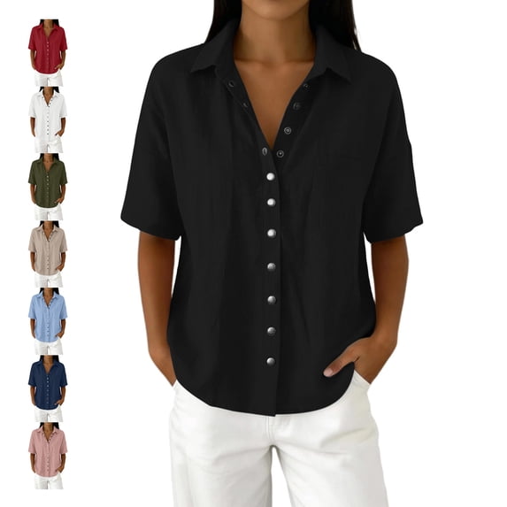 TGSLY Women's Linen Collared Tops Lightweight Soft Snap Button Short Sleeve Shirts Loose Fit Dressy Casual Solid Color Blouses with Chest Pocket M