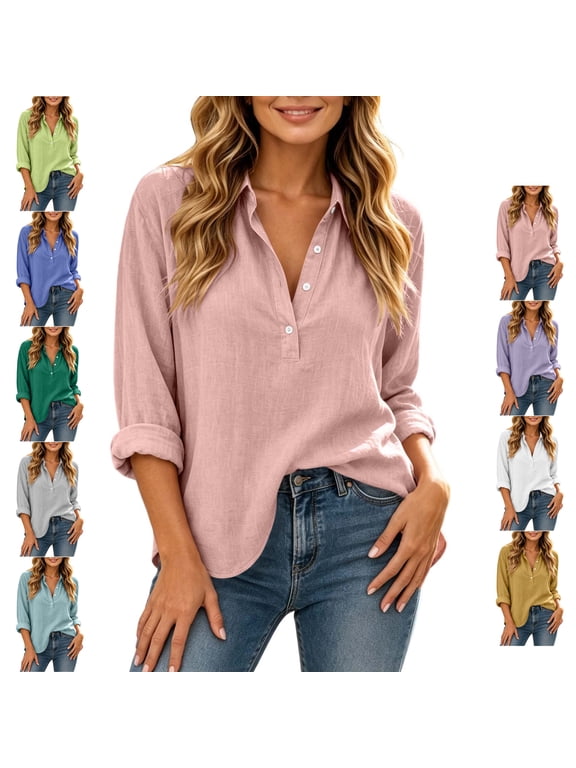 Women's Linen Collared Tops Lightweight Thin Half Button Down Roll Up Long Sleeve Shirts Relaxed Casual Solid Color Fall Blouses L