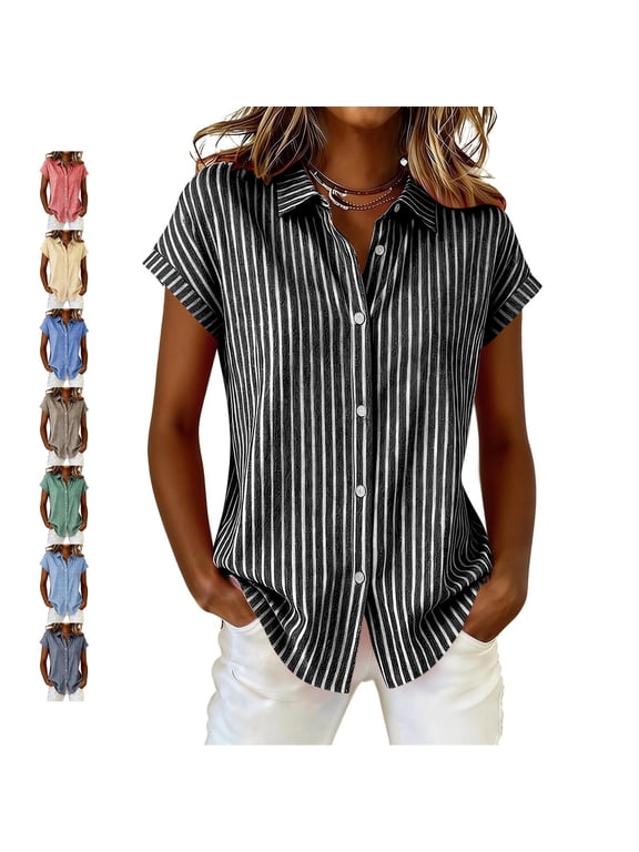 Women's Linen Collared Vertical Striped Tops Lightweight Full Button Down Front Rolled Short Sleeve Shirts Loose Fit Dressy Casual Tunic Blouses XL