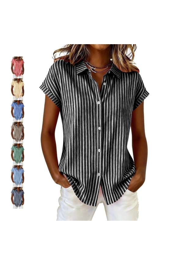 Women's Linen Collared Vertical Striped Tops Lightweight Full Button Down Front Rolled Short Sleeve Shirts Loose Fit Dressy Casual Tunic Blouses XXL