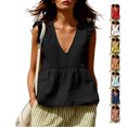 thumbnail image 1 of TGSLY Women's Linen Deep V-Neck Tank Tops Dressy Casual Ruffle Detail Solid Color Sleeveless Vest Lightweight Soft Elastic Waist Tshirts L, 1 of 7