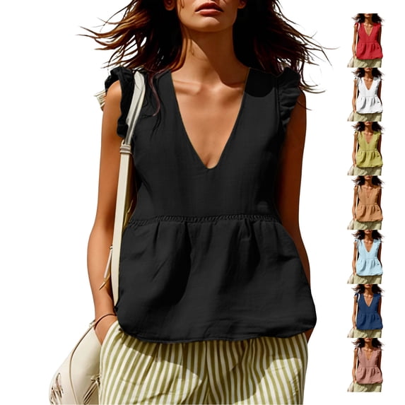 TGSLY Women's Linen Deep V-Neck Tank Tops Dressy Casual Ruffle Detail Solid Color Sleeveless Vest Lightweight Soft Elastic Waist Tshirts L