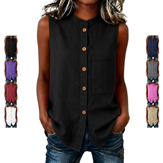 TGSLY Women's Linen Mandarin Collar Tank Tops Lightweight Soft Crew Neck Sleeveless Button Down Vest Relaxed Fit Dressy Casual Solid Color Shirts with Pocket XXXL