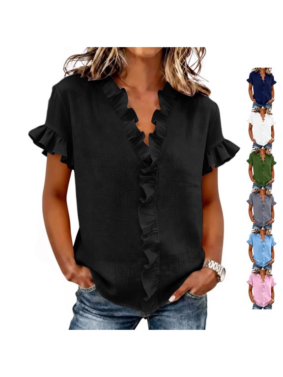 Women's Linen Ruffle Trim Tops Dressy Casual Ruffle Placket Flutter V Neck Short Sleeve Blouses Lightweight Soft Solid Color Tees Shirt XXL