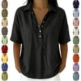 thumbnail image 1 of TGSLY Women's Linen Snap Button Tops Lightweight Soft Half Button Placket Collared Short Sleeve Shirts Loose Fit Dressy Casual Solid Color Blouses XXXL, 1 of 7