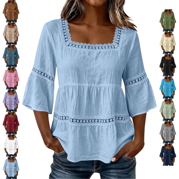 TGSLY Women's Linen Square Neck Tops Lightweight Soft Eyelet Lace Trim 3/4 Bell Sleeve Blouses Dressy Casual Solid Color Tunic Shirts S