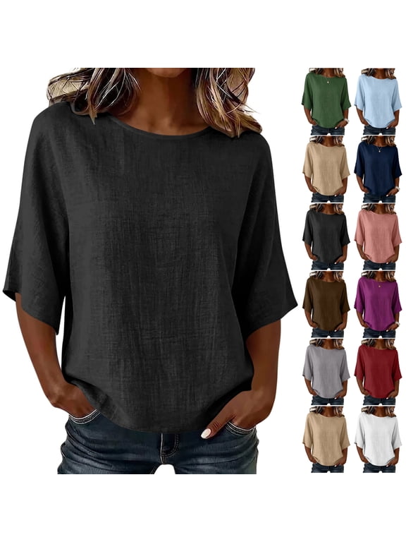 Women's Linen Tops Lightweight Soft Crew Neck Elbow-Length Sleeve Blouses Relaxed Fit Dressy Casual Curved Hem Shirts XXXL