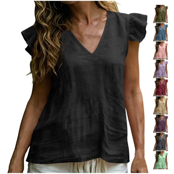 TGSLY Women's Linen V Neck Tank Tops Lightweight Soft Ruffle Cap Sleeve Shirts Loose Fit Dressy Casual Solid Color Tunic Blouses S