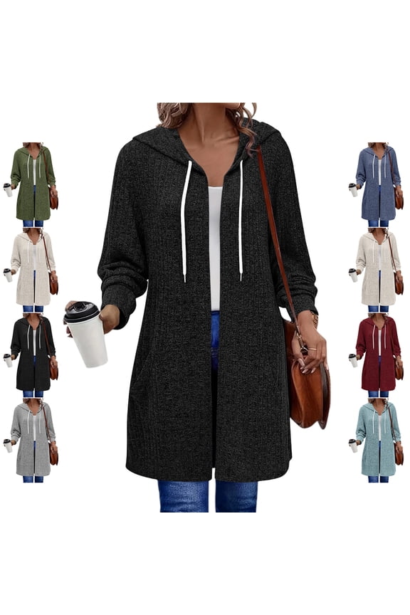 Women's Long Hooded Cardigan Coat Lightweight Long Sleeve Drawstring Hoodies Relaxed Casual Solid Color Duster Jacket with Pockets M