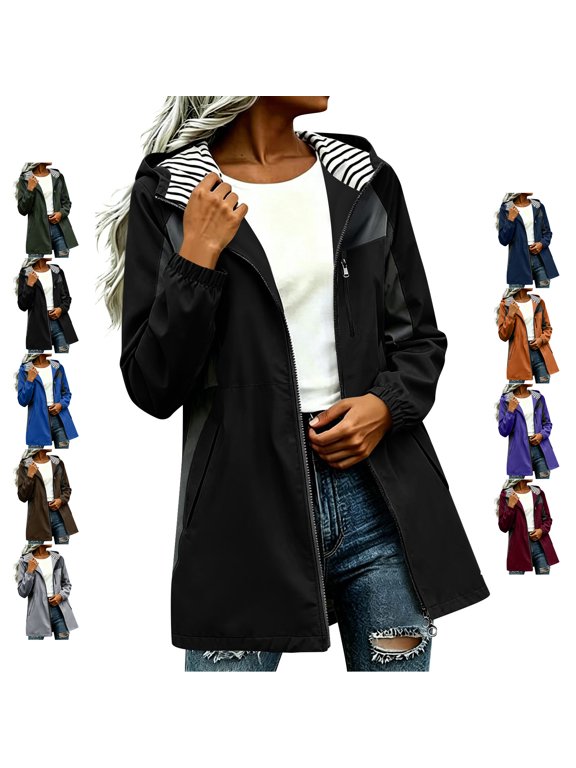 Women's Long Hooded Raincoat Lightweight Color Block Panels Zip Up Outdoor Windbreaker Jacket Dressy Casual Solid Color Long Sleeve Trench Coat L