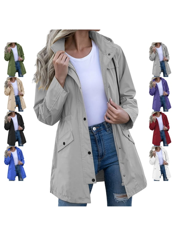 Women's Long Hooded Raincoat Lightweight Zip Up Snap Button Down Trench Coat Casual Cinch Waist Long Sleeve Solid Color Windbreaker Jacket with Pockets M
